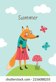 Vector illustration with a fox on a green meadow with a mushroom and butterflies on a sky background with clouds. Summer postcard with a fox and butterflies in a green glade