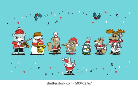 Vector illustration - Fox, penguin, rabbit, snowman, bear, santa,deer playing Christmas concert. 