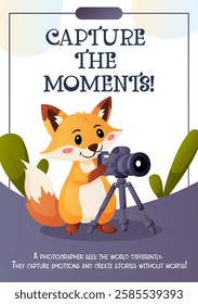 Vector illustration of a fox photographer with a camera on a tripod. Symbolizes creativity and art. Suitable for education, decoration, and inspiration.  
