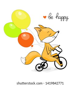 Vector illustration with a fox ride a bicycle, cartoon design. Hand lettering "be happy"