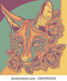 vector illustration of fox and roses flowers