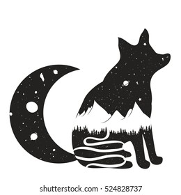 Vector illustration with fox silhouette with magic night nature inside - road, mountains, saturn planet, forest, starry sky and the moon. Trendy print design with wild animal and landscape