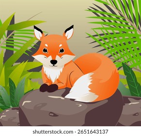 Vector illustration of a fox sitting on a rock in the forest