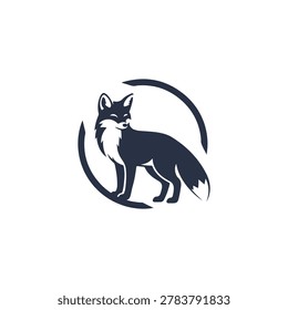Vector illustration of a fox standing in a circular motion, symbolizing agility and quickness, with bold lines and contrasting colors.