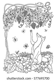 Vector illustration a fox trying to get the grapes. Work done by hand. Book Coloring anti-stress for adults and children. Black and white.