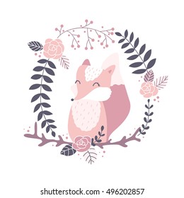 Vector illustration, fox in a wreath, clip art elements isolated on white background