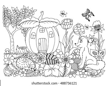 Vector illustration fox with zentangl hedgehog in flowers in pumpkin house. Doodle drawing. Meditative exercises. Coloring book anti stress for adults. Black and white.