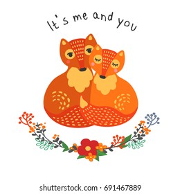 Vector illustration with foxes, love, couple. Inscription, print for clothing, postcard, fabric.