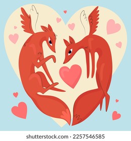 vector illustration of foxes in love with wings