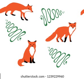 vector illustration of foxes and trees nature background. 