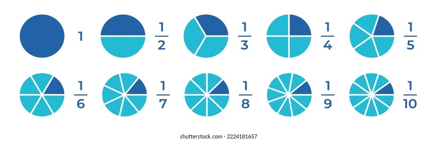 Vector Illustration Of Fraction Pie Isolated On White Background. Set Of Fractions Icons. Math And Geometry Symbols. Education Material.