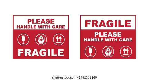 Vector illustration of Fragile, Handle with Care or Package Label stickers set. Red and white colour set.