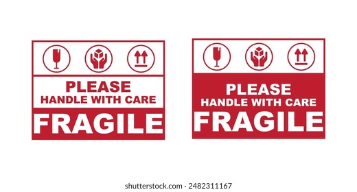 Vector illustration of Fragile, Handle with Care or Package Label stickers set. Red and white colour set.