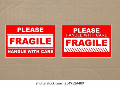 Vector illustration of Fragile, Handle with Care or Package Label stickers set. Red and white colour set