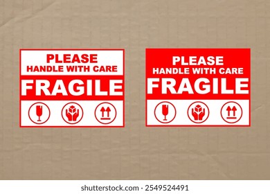 Vector illustration of Fragile, Handle with Care or Package Label stickers set. Red and white colour set