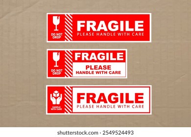 Vector illustration of Fragile, Handle with Care or Package Label stickers set. Red and white colour set