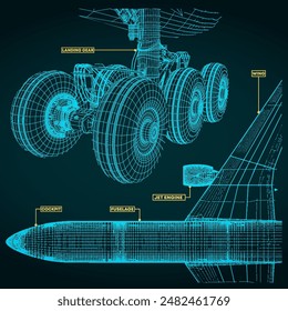 Vector illustration of a fragment of blueprints of a civilian jet in the retro style