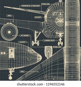 Imagen vectorial de un fragmento de los dibujos de un avión civil al estilo retro