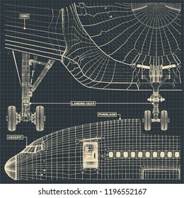 Vector illustration of a fragment of drawings of a civilian aircraft in the retro style