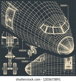 Vector illustration of a fragment of drawings of a civilian jet in the retro style