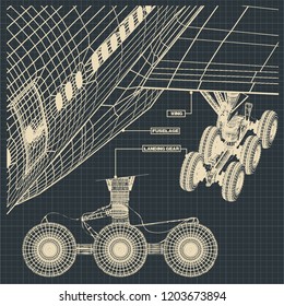 Vector illustration of a fragment of drawings of a civilian jet in the retro style