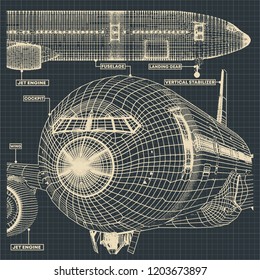 Vector illustration of a fragment of drawings of a civilian jet in the retro style