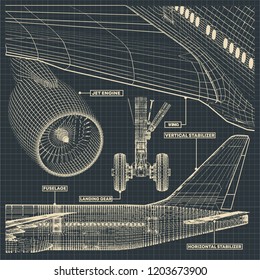 Vector illustration of a fragment of drawings of a civilian jet in the retro style