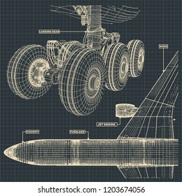 Vector illustration of a fragment of drawings of a civilian jet in the retro style