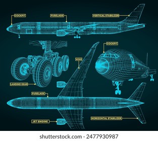 Vector illustration of a fragments of blueprints of a civilian airplane