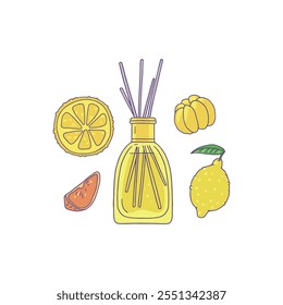 Vector illustration with a fragrance in a glass bottle with bamboo sticks, orange and lemon. The aromatic liquid is ideal for a refreshing atmosphere.