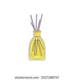 Ilustración vectorial con un ícono de fragancia en una botella de vidrio amarillo con palos de bambú. El líquido aromático es perfecto para la atmósfera refrescante de su hogar