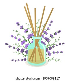 vector illustration of a  fragrance with wooden sticks with lavender sprigs in the background. The concept of aromatherapy and healthy lifestyle