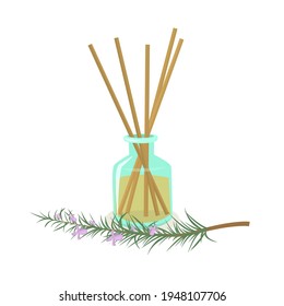 vector illustration of a  fragrance with wooden sticks with rosemary sprigs in the background. The concept of aromatherapy and healthy lifestyle