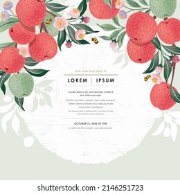  Vector illustration of a frame with apple fruits and flowers. 	