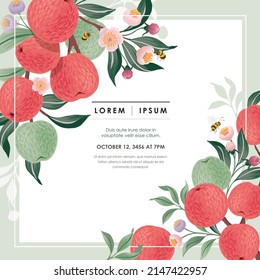 Vector illustration of a frame with apple fruits and flowers.