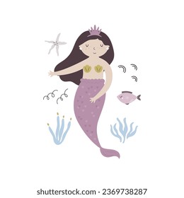 Vector illustration, frame art with a beautiful mermaid character. Underwater life. Hand drawn design for prints