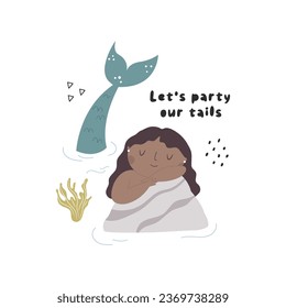 Vector illustration, frame art with a beautiful mermaid character. Underwater life. Hand drawn design for prints