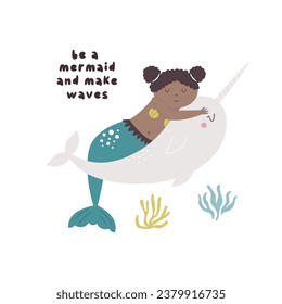Vector illustration, frame art with a beautiful mermaid character. Underwater life. Hand drawn design for prints