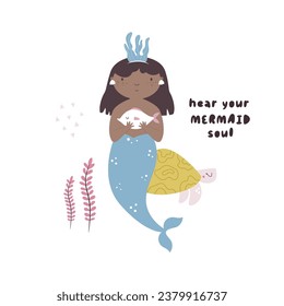 Ilustración vectorial, arte de marco con un hermoso personaje de sirena. Vida submarina. Diseño dibujado a mano para impresiones
