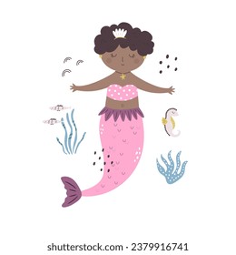 Vector illustration, frame art with a beautiful mermaid character. Underwater life. Hand drawn design for prints