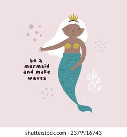 Vector illustration, frame art with a beautiful mermaid character. Underwater life. Hand drawn design for prints