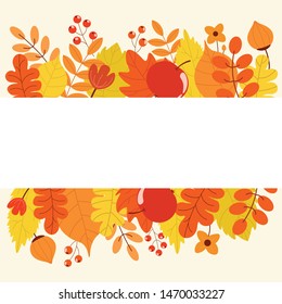Vector illustration. Frame with autumn leaves, berries, flowers. Autumnal illustration. Bright colors. 