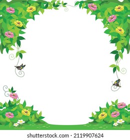 Vector illustration of a frame for the background of a fairy tale from the foliage of trees, pink and yellow flowers and butterflies in cartoon style on a white background.