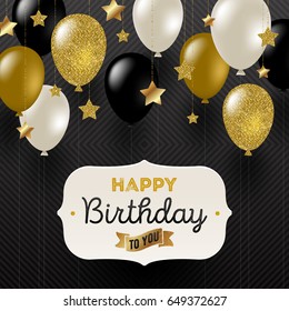 Vector Illustration - Frame With Birthday Greeting , Golden Stars And Black, White And Glitter Gold Balloons.