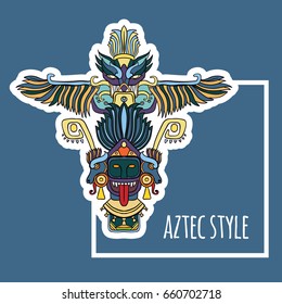 vector illustration frame with blue yellow line art totem on blue background aztec