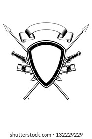 Vector illustration frame with board, swords and spears