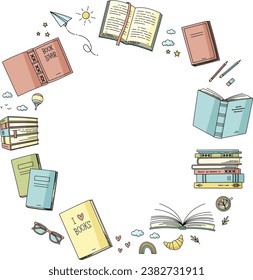 Vector illustration of frame with books. Studies, education, literature, learning and reading concept. Graphic image design for educational institution, bookstore, literary café