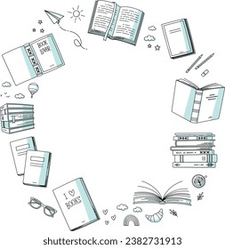 Vector illustration of frame with books. Studies, education, literature, learning and reading concept. Graphic image design for educational institution, bookstore, literary café
