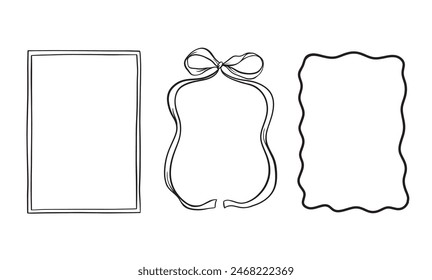 Ilustración vectorial de un marco con arco en un estilo de moda para invitaciones a una boda, fiesta, tarjeta. Estilo lineal, dibujos animados, garabato