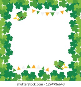 Vector illustration, frame, card template with shamrock, clover, leprechaun hat and garland for Saint Patrick's Day design.
